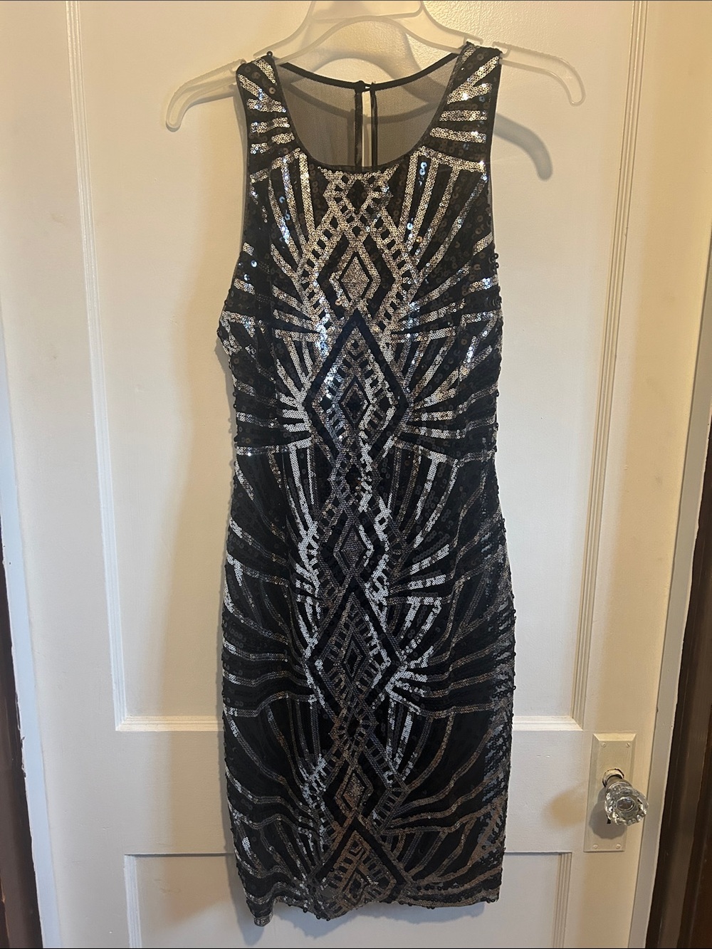 Bisou Bisou Black Midi Dress with Silver Sequin Geometric Design